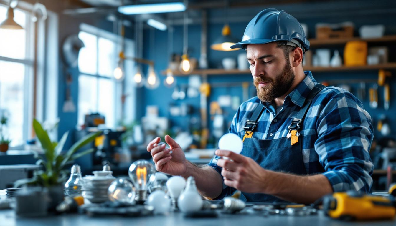 A photograph of a lighting contractor examining a variety of electrical light bulbs in a well-lit workshop