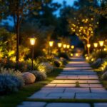 A photograph of a beautifully lit outdoor space featuring solar-powered lights illuminating pathways and garden areas at dusk