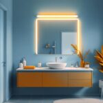 A photograph of a beautifully styled bathroom featuring a modern tube vanity light