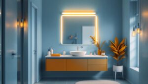 A photograph of a beautifully styled bathroom featuring a modern tube vanity light