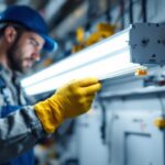 A photograph of a skilled electrician installing a fluorescent light ballast in a well-lit workshop