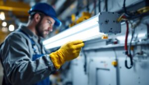 A photograph of a skilled electrician installing a fluorescent light ballast in a well-lit workshop