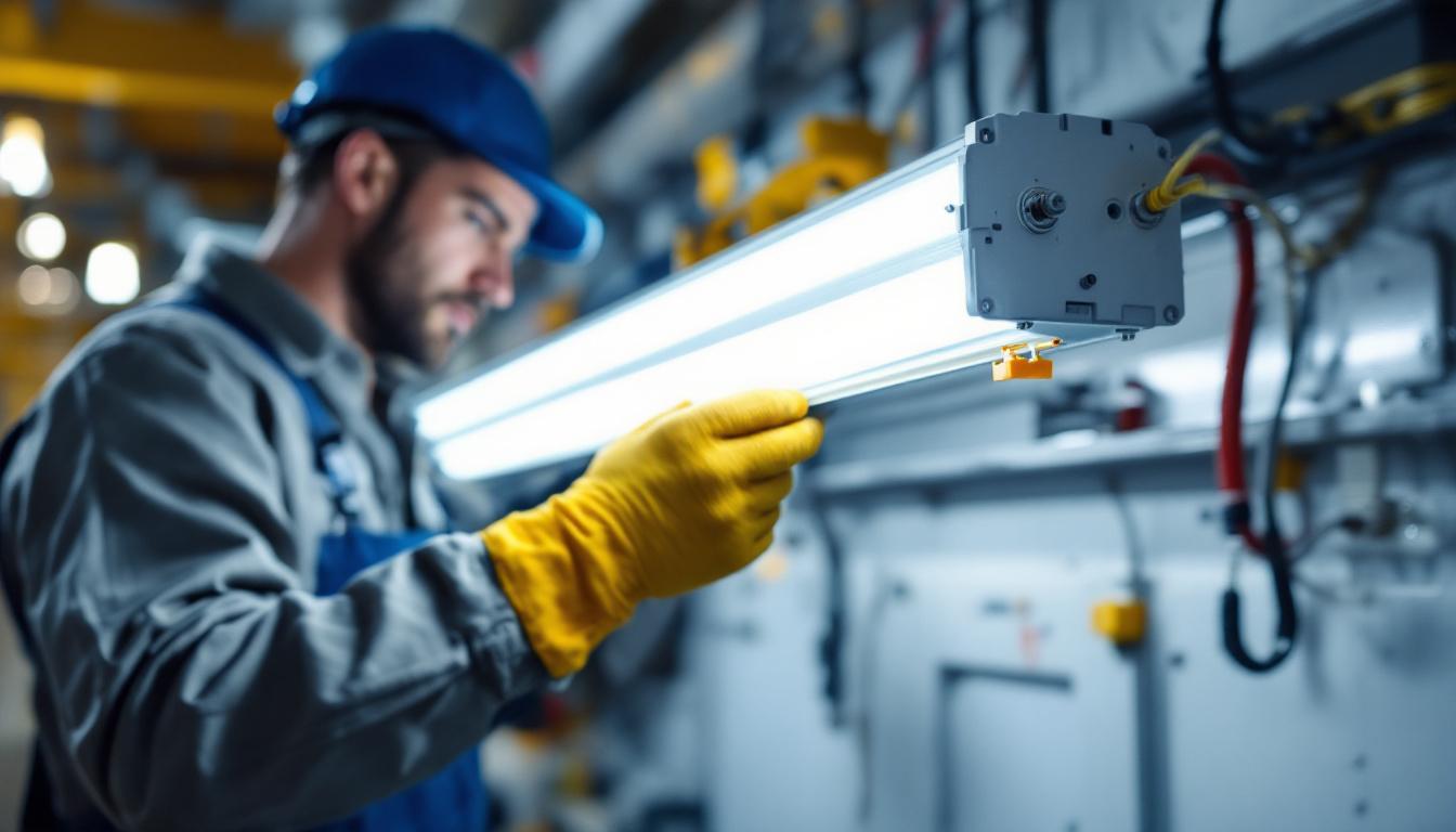 A photograph of a skilled electrician installing a fluorescent light ballast in a well-lit workshop