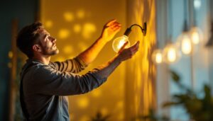 A photograph of a skilled lighting contractor expertly installing or adjusting a unique