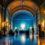 A photograph of a beautifully lit museum gallery showcasing various lighting fixtures in use