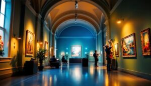 A photograph of a beautifully lit museum gallery showcasing various lighting fixtures in use