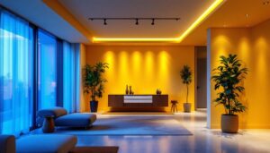 A photograph of a well-lit interior space showcasing the warm