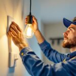 A photograph of a skilled lighting contractor installing a stylish light fixture with a light switch in a modern home setting