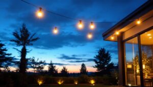 A photograph of a beautifully lit outdoor space showcasing various styles of exterior led ceiling lights installed in a residential or commercial setting