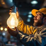A photograph of a lighting contractor installing or showcasing an 8-foot bulb in a commercial setting