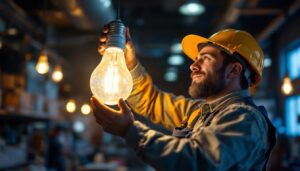 A photograph of a lighting contractor installing or showcasing an 8-foot bulb in a commercial setting