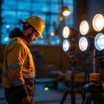 A photograph of a lighting contractor in action