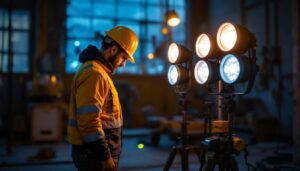 A photograph of a lighting contractor in action