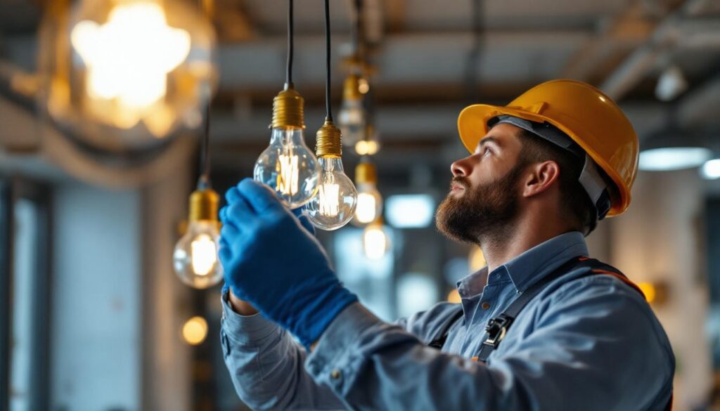 A photograph of a skilled lighting contractor expertly installing or adjusting electric bulbs in a well-lit