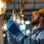 A photograph of a skilled lighting contractor expertly installing or adjusting electric bulbs in a well-lit