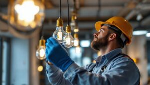 A photograph of a skilled lighting contractor expertly installing or adjusting electric bulbs in a well-lit