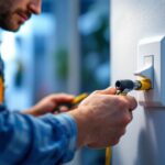 A photograph of a skilled lighting contractor installing a one pole switch in a residential setting