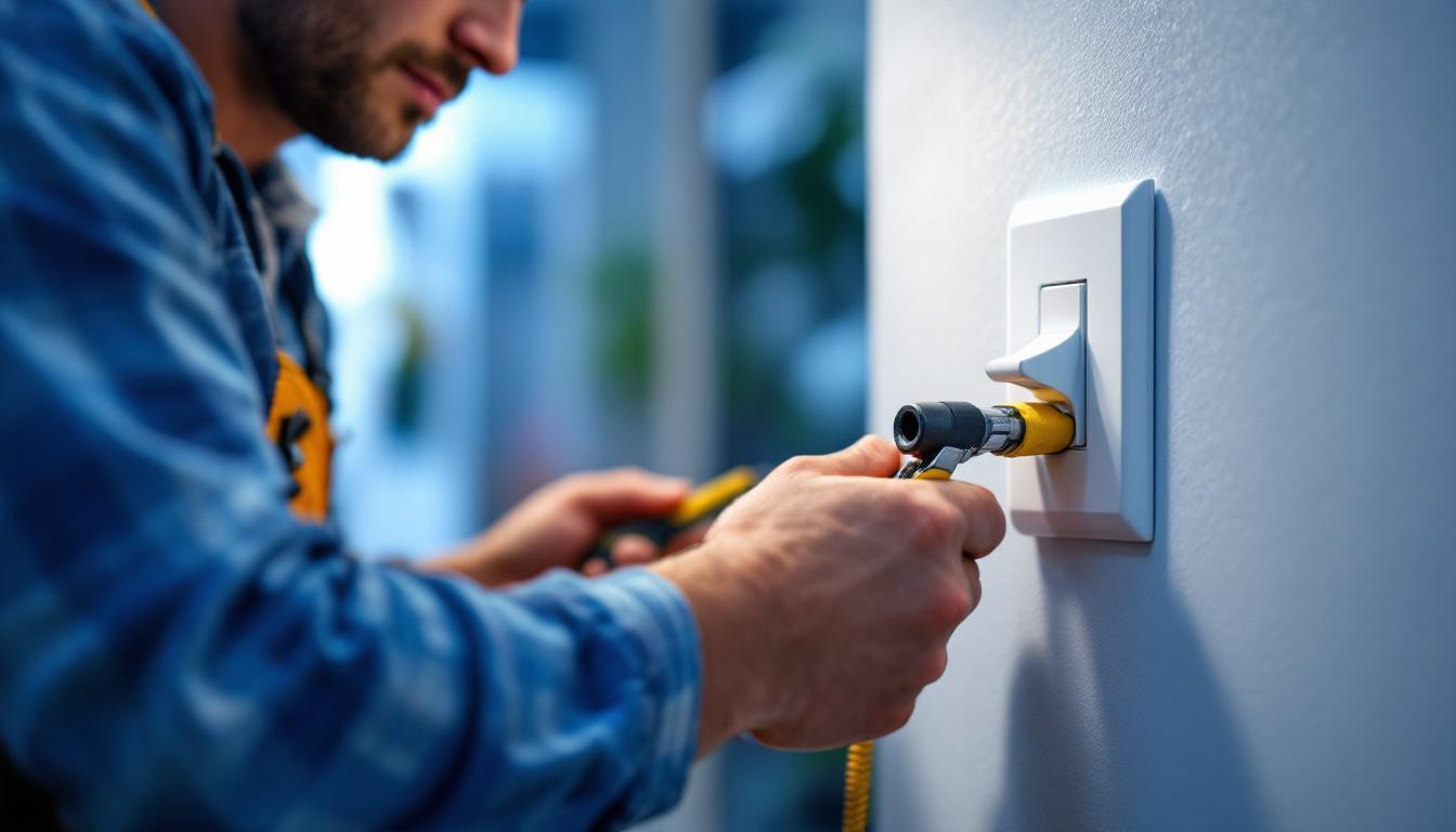 A photograph of a skilled lighting contractor installing a one pole switch in a residential setting
