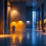 A photograph of a well-designed architectural space illuminated by various lighting fixtures