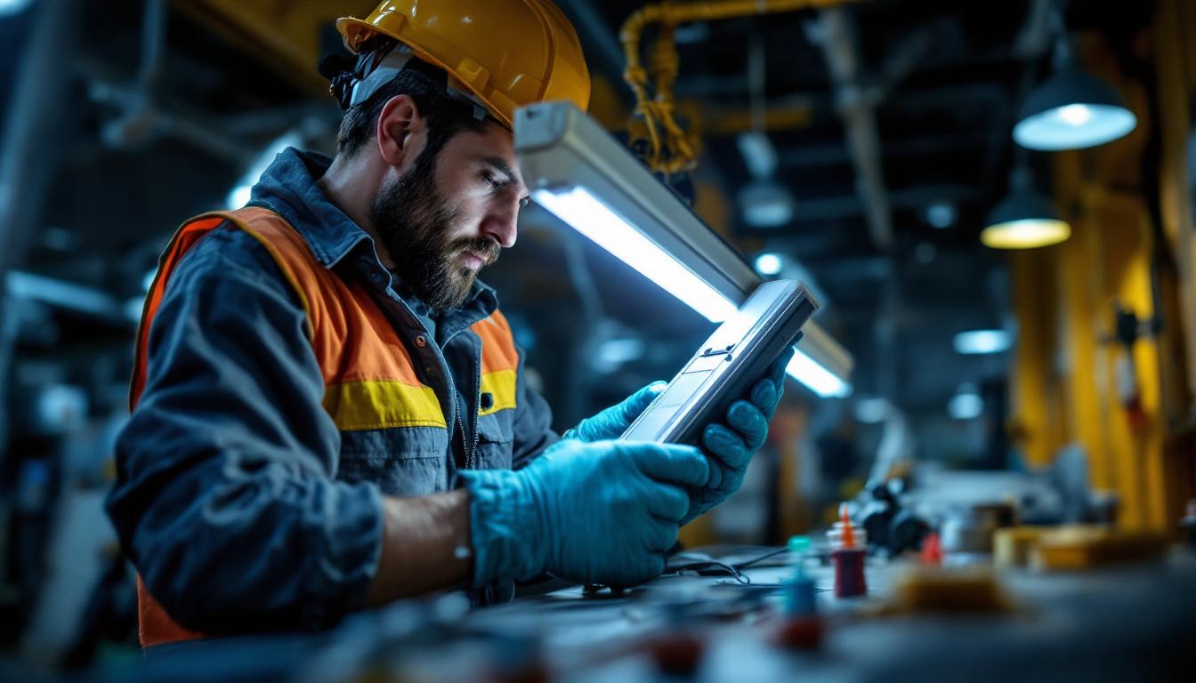 A photograph of a lighting contractor expertly connecting a fluorescent ballast in a well-lit workspace