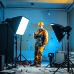 A photograph of a lighting contractor in action