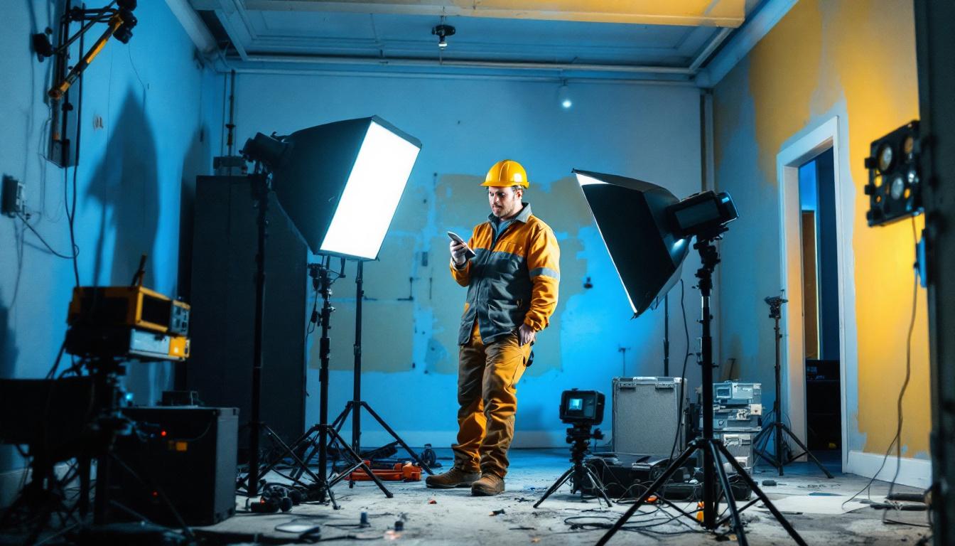A photograph of a lighting contractor in action