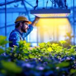 A photograph of a lighting contractor examining or installing an i power grow light in a well-lit indoor garden or greenhouse setting