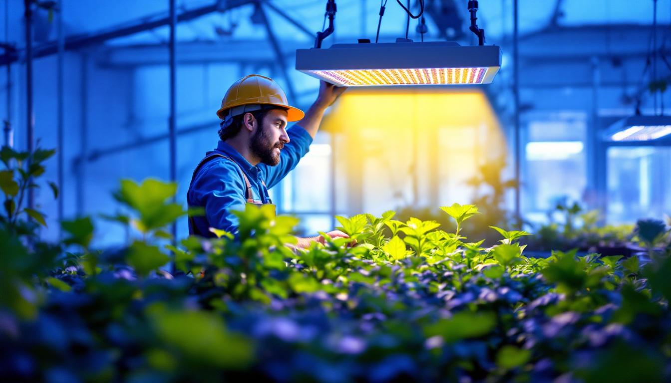 A photograph of a lighting contractor examining or installing an i power grow light in a well-lit indoor garden or greenhouse setting