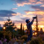 A photograph of a lighting contractor installing outdoor solar led lights in a beautifully landscaped garden during the golden hour