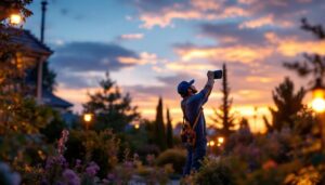 A photograph of a lighting contractor installing outdoor solar led lights in a beautifully landscaped garden during the golden hour