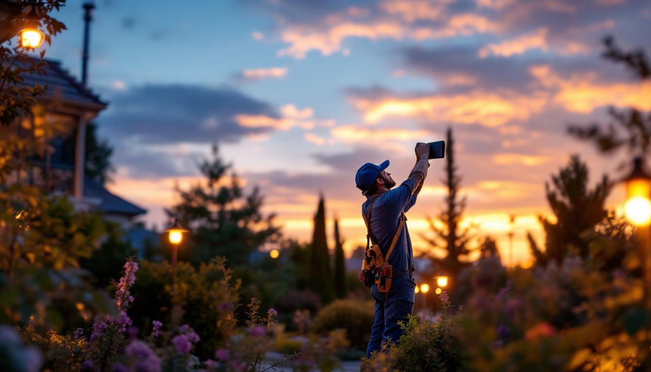 A photograph of a lighting contractor installing outdoor solar led lights in a beautifully landscaped garden during the golden hour