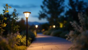 A photograph of a solar path light illuminated at dusk