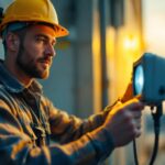 A photograph of a lighting contractor adjusting a flood light timer on a job site