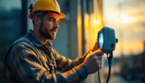 A photograph of a lighting contractor adjusting a flood light timer on a job site
