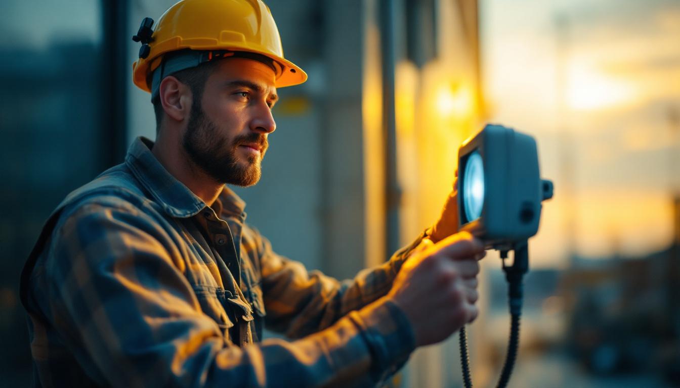 A photograph of a lighting contractor adjusting a flood light timer on a job site