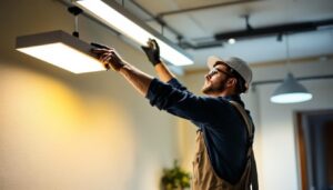 A photograph of a lighting contractor installing or showcasing frame light led fixtures in a well-lit