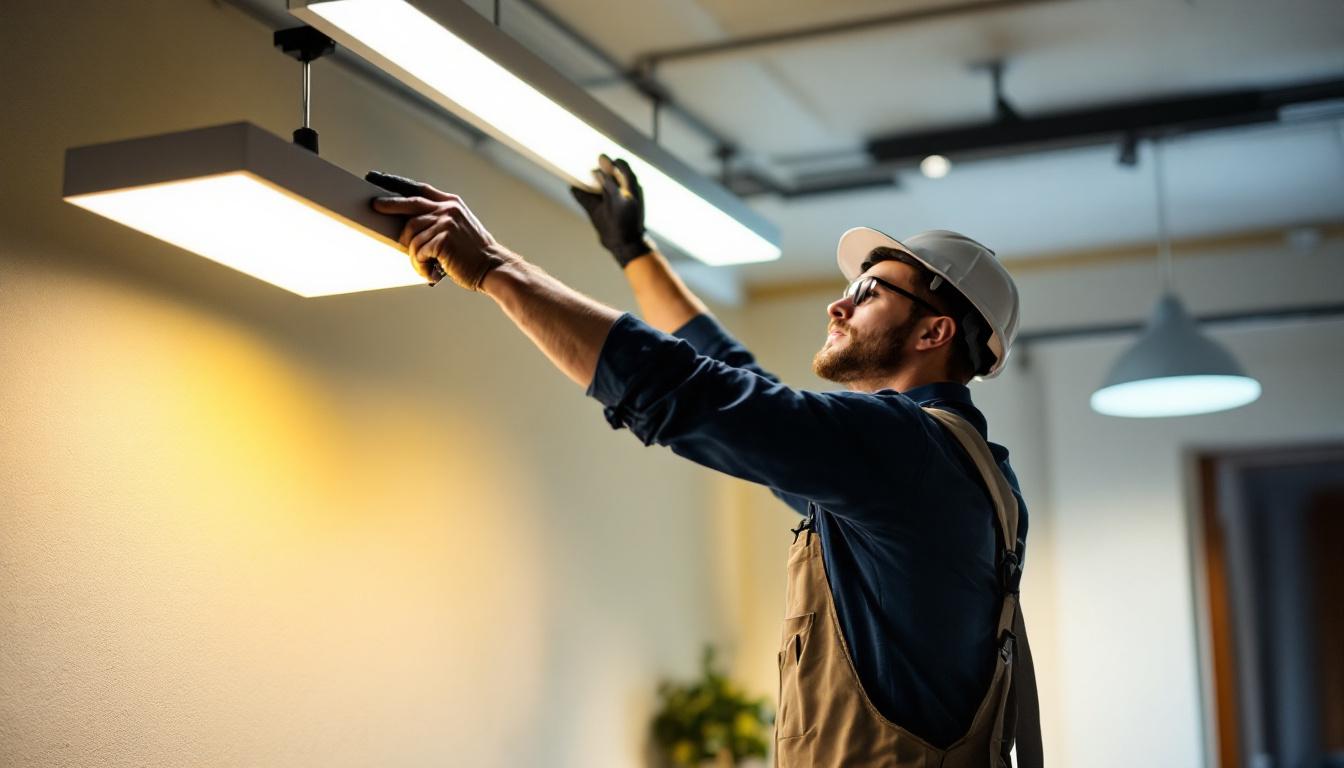 A photograph of a lighting contractor installing or showcasing frame light led fixtures in a well-lit