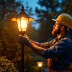 A photograph of a skilled lighting contractor installing a tall outdoor lamp in a beautifully landscaped garden during twilight