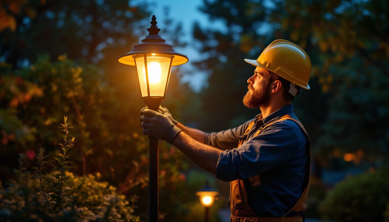 A photograph of a skilled lighting contractor installing a tall outdoor lamp in a beautifully landscaped garden during twilight
