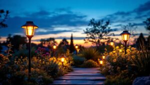 A photograph of a beautifully illuminated garden scene at dusk
