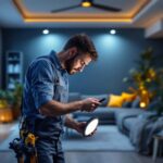 A photograph of a lighting contractor installing low-profile led can lights in a modern home setting