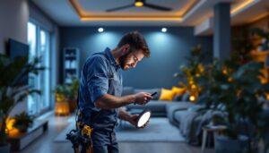 A photograph of a lighting contractor installing low-profile led can lights in a modern home setting