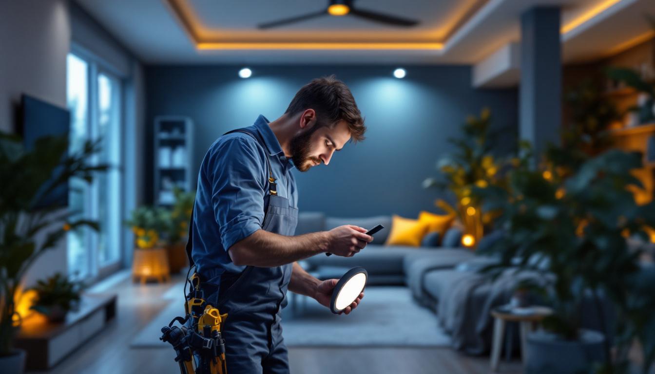 A photograph of a lighting contractor installing low-profile led can lights in a modern home setting