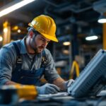 A photograph of a skilled lighting contractor installing or adjusting a 12v led light transformer in a modern
