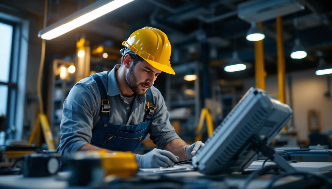 A photograph of a skilled lighting contractor installing or adjusting a 12v led light transformer in a modern