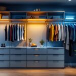 A photograph of a beautifully designed closet featuring modern led lighting fixtures that highlight the organization and aesthetics of the space