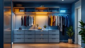 A photograph of a beautifully designed closet featuring modern led lighting fixtures that highlight the organization and aesthetics of the space
