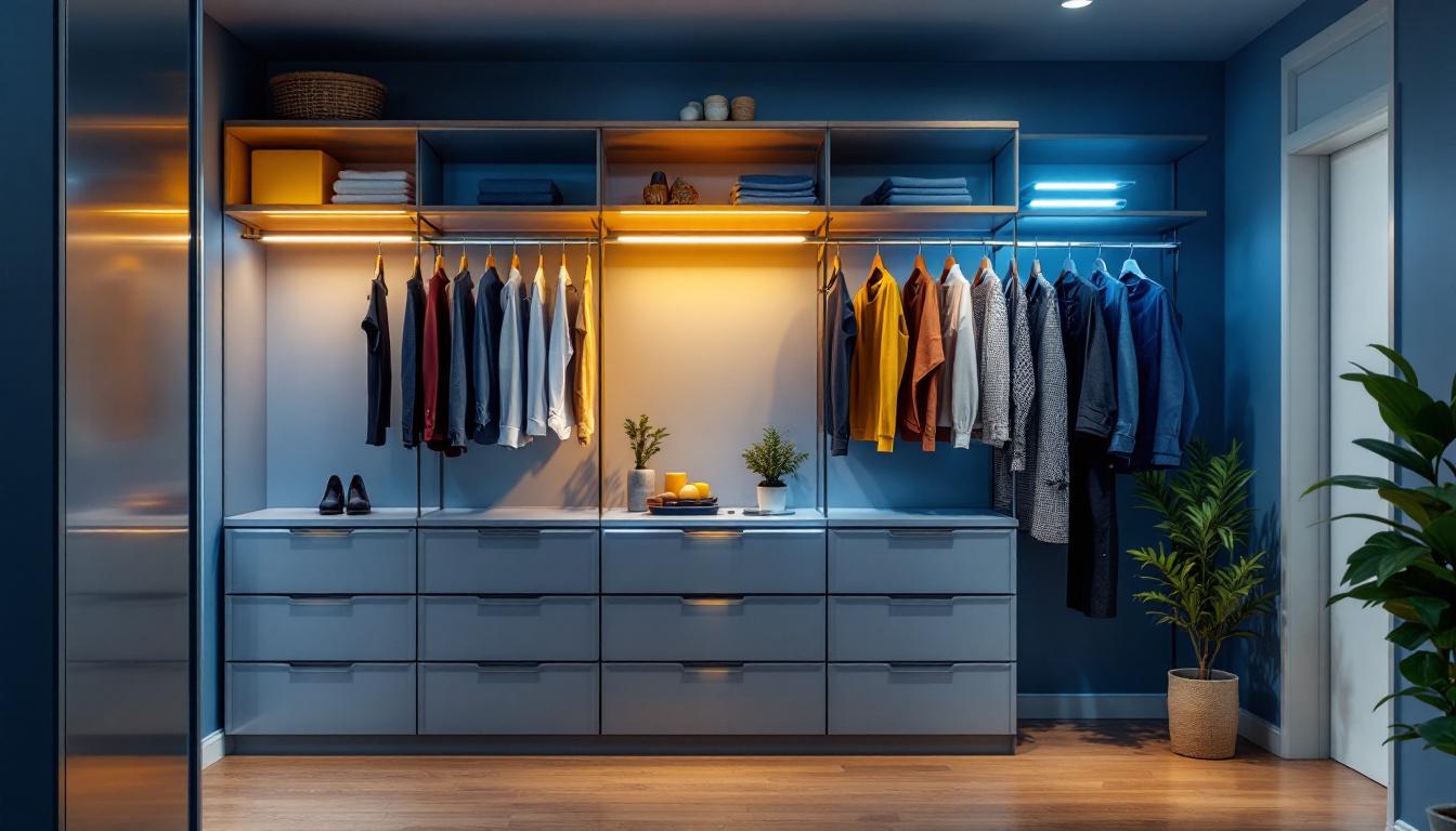 A photograph of a beautifully designed closet featuring modern led lighting fixtures that highlight the organization and aesthetics of the space