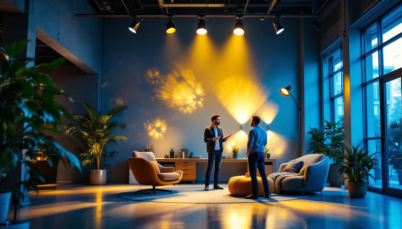 A photograph of a well-designed indoor space featuring various spotlight fixtures in action