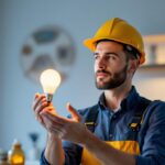 A photograph of a lighting contractor examining a stylish